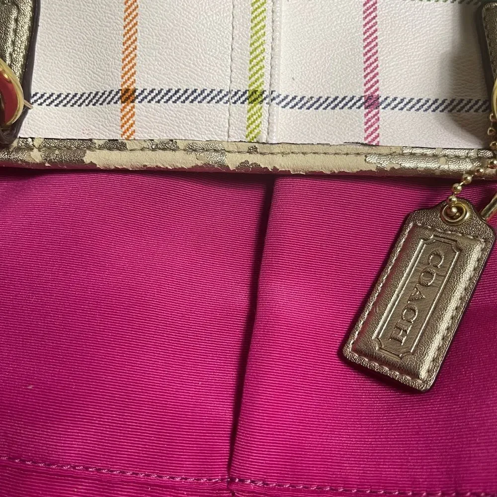 Coach Peyton Tattersal PVC Beige Plaid  Shoulder Purse gold trims & straps